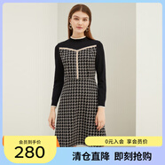 敦奴春季款黑白撞色千鳥(niǎo)格小香風(fēng)假兩件中長(cháng)款連衣裙 正黑色 L