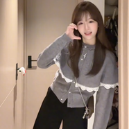 園翌秋冬季法式毛衣拼接蕾絲邊披肩針織衫大碼女裝胖mm減齡顯瘦上衣女 灰色 L 【建議100-120斤】