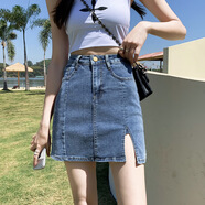 沐霓牛仔短裙女新款ins夏天高腰開(kāi)叉彈力半身復古包臀裙防走光a字褲裙 S