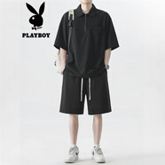 花花公子polo領(lǐng)短袖T恤男士夏季冰絲薄款短褲套裝男休閑寬松夏裝兩件套男 TZ20黑色 3XL 建議165-185斤