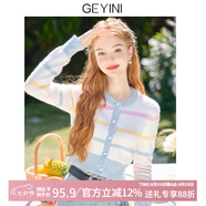 歌依妮2025春秋季彩色條紋針織開(kāi)衫女小個(gè)子短款圓領(lǐng)修身毛衣外套 藍白條紋 S