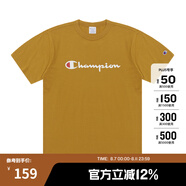 Champion夏季經(jīng)典款印花草寫LOGO圓領(lǐng)休閑運(yùn)動(dòng)T恤無性別冠軍短袖男女情侶 土黃色 L