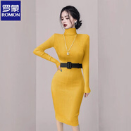 羅蒙（ROMON）百搭秋冬高領(lǐng)緊身針織裙包臀連衣裙收腰顯瘦女打底中長(cháng)款內搭毛衣 黃色(不配腰帶) 均碼