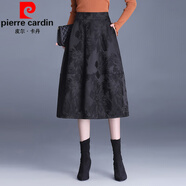 皮爾卡丹女士提花半裙a字燈籠裙中老年半身裙女春秋長(cháng)裙冬裙刺繡花苞半裙 黑牡丹（裙長(cháng)72cm） XL 腰圍2尺2