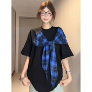LDBE蝴蝶結短袖t恤女夏季2025新款韓版寬松綁帶設計感慵懶風半袖上衣 黑色 M 【80-100斤】
