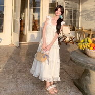 元族米白色長(zhǎng)款雪紡印花小飛袖吊帶連衣裙女夏季法式甜美收腰顯瘦長(zhǎng)裙 2018米白色 S
