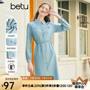 百圖betu女裝春季新款連衣裙收腰長袖雪紡襯衫連衣裙女2301T63 藍色 S