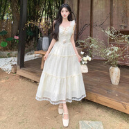 渝鼎福 米白色連衣裙法式夏季女裝少女顯瘦仙女氣質(zhì)公主裙伴娘服吊帶裙 米白色（杏色） L 建議100-120斤