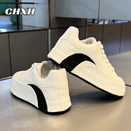 CHXH輕奢牛皮男鞋2025夏季新款透氣小白鞋男士運動板鞋增高休閑鞋子男 白色308【皮面】-增高款 38 （運動碼）