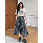韓璐嬌（hanlujiao）夏季女裝2025新款茶系穿搭一整套裝女設(shè)計(jì)感高腰顯瘦連衣裙子夏天 白色上衣+長格子裙 XL