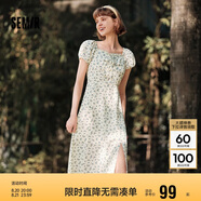 森馬（Semir）連衣裙女開(kāi)叉泡泡袖中長(cháng)裙夏方領(lǐng)雪紡碎花裙浪漫109324114014