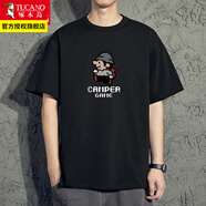 啄木鳥(niǎo)純棉短袖t恤男圓領(lǐng)夏季潮流男士寬松休閑大碼白體恤半袖衣服男裝 馬里奧 黑色 L