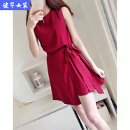 茵侈無(wú)袖綁帶雪紡高腰韓版連衣裙女夏季新款不規則氣質(zhì)連衣短裙 【酒紅色】 M