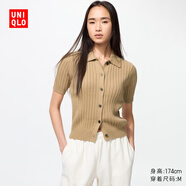 優(yōu)衣庫女裝羅紋POLO領(lǐng)針織開衫/短袖空調(diào)衫通勤479968 32 深米色 L /160/88A