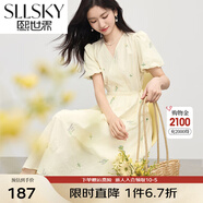 熙世界sllsky清新文藝?yán)C花V領(lǐng)連衣裙收腰顯瘦法式茶歇裙2025夏季新款七夕 椰子奶油杏 XL