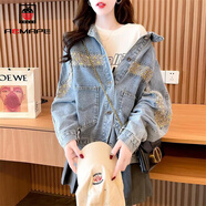 AEMAPE設計感亮片慵懶風(fēng)韓版牛仔短外套女裝2025秋季裝新款時(shí)尚寬松顯瘦 821藍色 L (建議125-140斤)