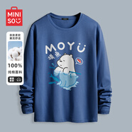 名創(chuàng)優(yōu)品（MINISO）長袖t恤男春秋季寬松休閑百搭純棉打底衫簡約百搭圓領(lǐng)男裝上衣服 蔚藍(lán)色(閉眼摸魚) L 175(體重120-140斤左右)