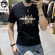 狄帝鯊 歐洲站夏季新款潮流時(shí)尚男裝重工燙鉆冰絲t恤男印花棉質(zhì)短袖男士 港灣-D1111純棉【黑色】 XL