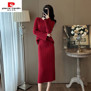 皮爾卡丹（pierre cardin）韓系慵懶風(fēng)毛衣絞花A字裙針織套裝秋冬新款減齡氣質(zhì)感兩件套 紅色 L