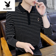 花花公子（PLAYBOY）高端男士長(zhǎng)袖t恤秋季新款高端翻領(lǐng)條紋體恤衫休閑純棉男上衣服T恤 WE9811款 黑色【翻.領(lǐng)】 M 【90-105斤】