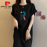 皮爾卡丹（pierre cardin）灰色純棉開(kāi)叉連衣裙2025新款女夏大碼女裝胖mm顯瘦寬松短袖t恤裙 黑色(彩色R字母)今年流行的輕奢 M 85-105斤