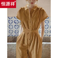 恒源祥法式卡其色套裝女2025夏季新款簡約翻領(lǐng)系帶連體褲長褲兩件套減齡 卡其色 M 85-100斤