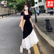 AEMAPE法式短袖連衣裙女夏季收腰顯瘦拼接長(zhǎng)裙微胖MM赫本風(fēng)撞色裙子 赫本風(fēng)撞色裙子 M 【90-108斤】