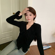 冉藝嵐同款甜美荷葉邊領(lǐng)長袖毛衣女早秋新款修身內(nèi)搭打底針織上衣 黑色 XXS