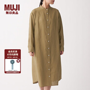 無(wú)印良品 MUJI 女式 法國(guó)亞麻水洗 立領(lǐng)連衣裙 BCL05C0S 深咖啡棕色 M