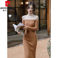 皮爾卡丹（pierre cardin）2025秋冬新款半高領(lǐng)針織緊身性感ins風(fēng)連衣裙女氣質(zhì)內搭打底裙子 卡其色 M 建議100-110斤