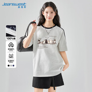 真維斯（JEANSWEST）淺花灰色純棉短袖T恤女款2025夏季新款條杠半袖貓咪設(shè)計(jì)感上衣