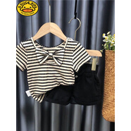 女童夏裝套裝女寶寶裙子夏季分體衣服一歲女童夏款童裝03歲小孩 領(lǐng)結條紋套裝黑色 80 80cm80cm