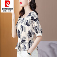 皮爾卡丹（pierre cardin）真絲襯衫女短袖上衣遮肚子24夏季新款設計感小眾桑蠶絲小衫 鳳韋花 L 105-115斤