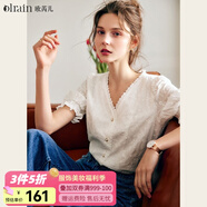 Olrain歐芮兒白色V領(lǐng)短袖襯衫女夏季寬松泡泡袖重工刺繡蕾絲衫襯衣女 白色 L