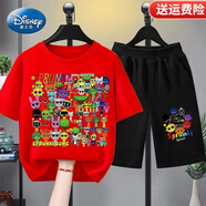 迪士尼（Disney）童裝節(jié)奏盒子上衣服男童新款夏季兒童短袖套裝夏季卡通T恤半袖 E114紅色+黑短褲 150 碼（身高130-140cm）