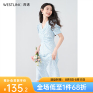 西遇V領(lǐng)碎花連衣裙2024年春夏季新款收腰褶皺法式甜美小裙子中長(zhǎng)裙 藍(lán)色 S