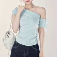 桂岐 一字肩短袖T恤女裝2025新款夏季韓版修身露肩斜肩上衣 藍色 S （建議90斤以?xún)龋?
                                         title=
