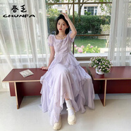 春乏連衣裙女春夏新款法式溫柔風(fēng)穿搭公主裙收腰顯瘦荷葉邊通勤長裙子 紫色短Xiu連衣裙 XL 116-125斤