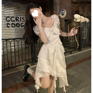 茯見(jiàn)法式茶歇白色連衣裙女2025夏季新款荷葉邊不規則純欲顯瘦短裙子 米白色M【建議85-95斤】