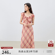 自巧小個(gè)子紅色雪紡格紋連衣裙女2025夏裝新款掐腰裙度假風(fēng)長(cháng)裙子 紅白格 S （尺碼：3）