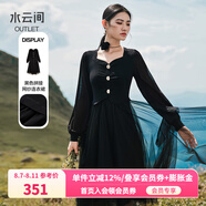 水云間黑色v領長袖連衣裙女裝春季新款2025針織拼接設計感氣質網紗裙子 黑色 XL