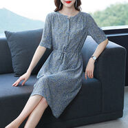 aiyo高端品牌碎花洋裝2025春夏新款時(shí)尚印花短袖襯衫裙中年媽媽裝 藍色 M