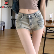 AEMAPE美式辣妹低腰牛仔超短褲女春夏修身顯瘦包臀熱褲復古淺色直筒褲子 復古口袋短褲 S