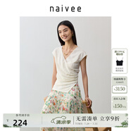 納薇（naivee）萊賽爾新中式V領(lǐng)提花T恤女兩片式交疊花鳥提花小衫收腰顯瘦 米色 M