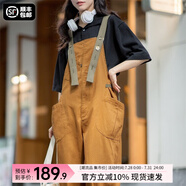 馬登女裝 美式復古減齡寬松背帶褲大口袋直筒寬松吊帶連體工裝長褲 卡其黃 S