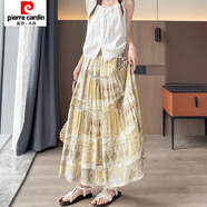 皮爾卡丹（pierre cardin）冰絲棉麻印花半身裙女夏季波西米亞風(fēng)大擺a字裙垂墜感遮胯中長(cháng)裙 黃色 S