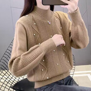 騰訊云韓國小香風(fēng)重工釘珠半高領(lǐng)毛衣女2025秋冬爆款加厚洋氣打底針織衫 駝色 XL