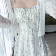 貞喜氣碎花吊帶連衣裙女秋季裝法式小個(gè)子長(cháng)裙海邊度假裙子可搭配開(kāi)衫 紫色碎花 S （僅裙子無(wú)開(kāi)衫）