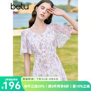 百圖betu女裝夏季新款連衣裙V領(lǐng)碎花顯瘦飛飛袖連衣裙女2304T82 淡紫 S