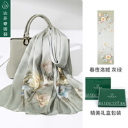 達芬奇密碼 桑蠶絲真絲絲巾女蘇繡高檔披肩春秋時尚送女友送禮禮物實用外搭 春夜洛城 灰綠